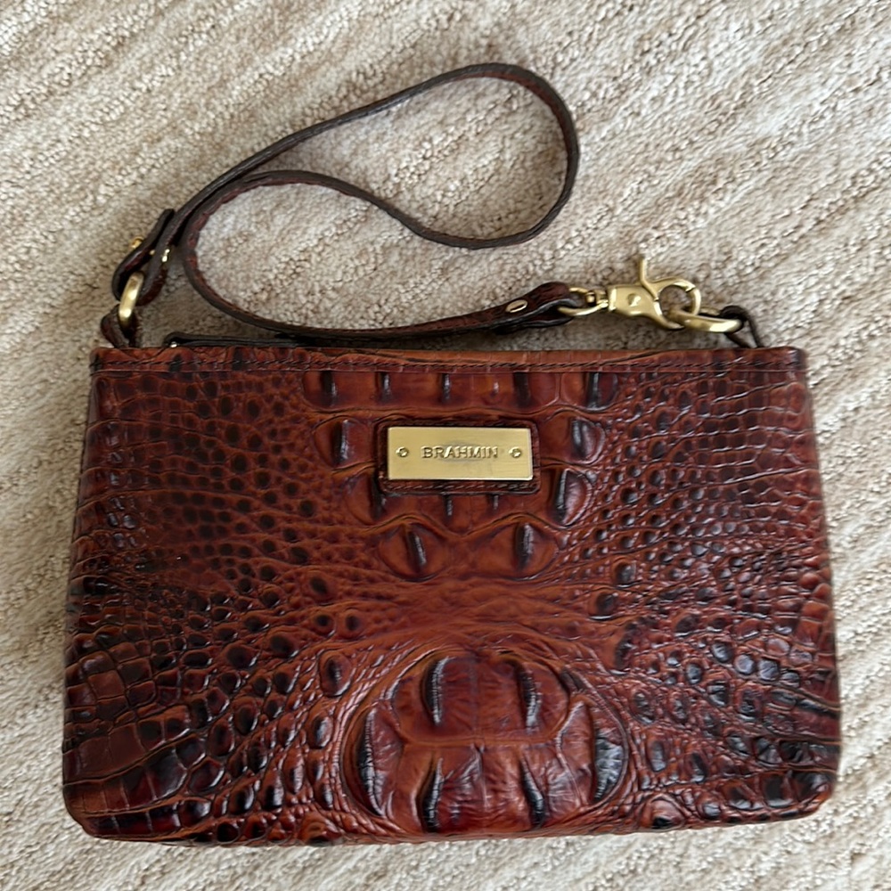 Brahmin Anytime Mini Pecan Melbourne Croc Embossed Leather Bag Purse